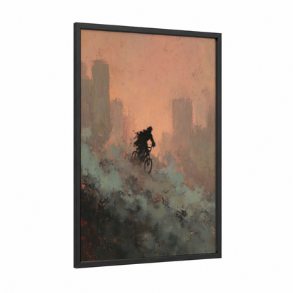 Solitary Cyclist framed urban bicycle print — black wood frame — peach and teal palette