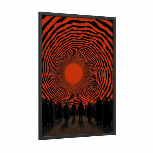 Crimson Portal Gathering framed japanese psychedelic print — black wood frame — red and black palette