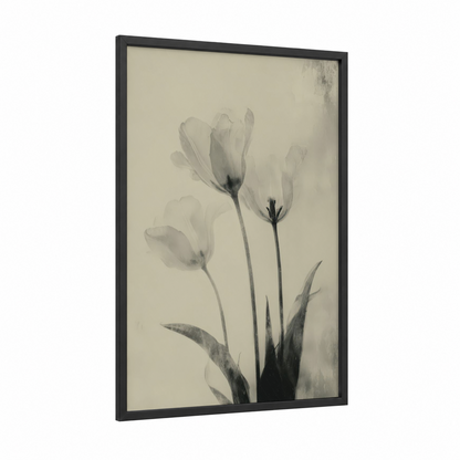 Ethereal Tulips framed art print — black wood frame — black and white and dove gray palette