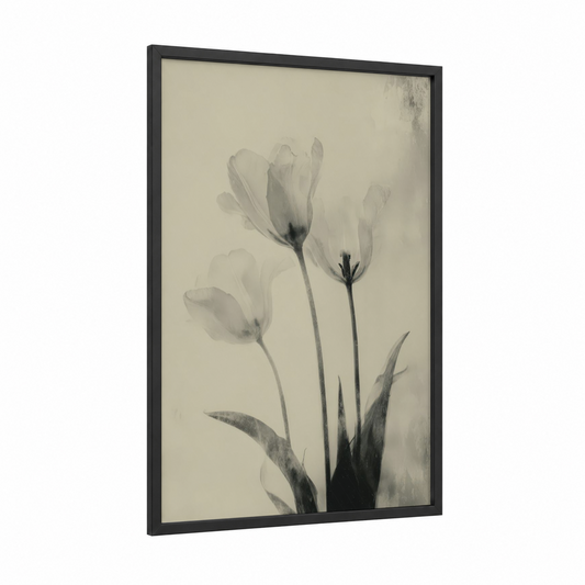 Ethereal Tulips framed art print — black wood frame — black and white and dove gray palette