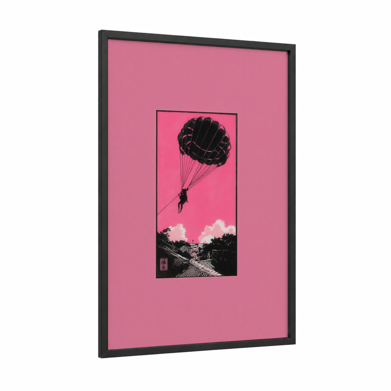 Parasailing Dream framed art print — black wood frame — pink and black and white palette
