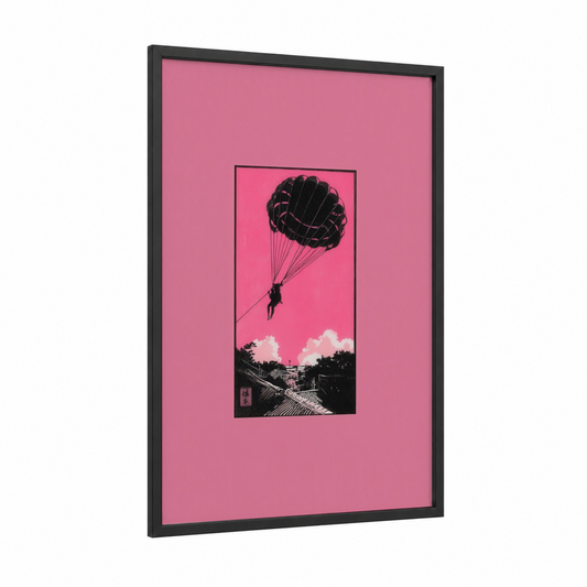 Parasailing Dream framed art print — black wood frame — pink and black and white palette