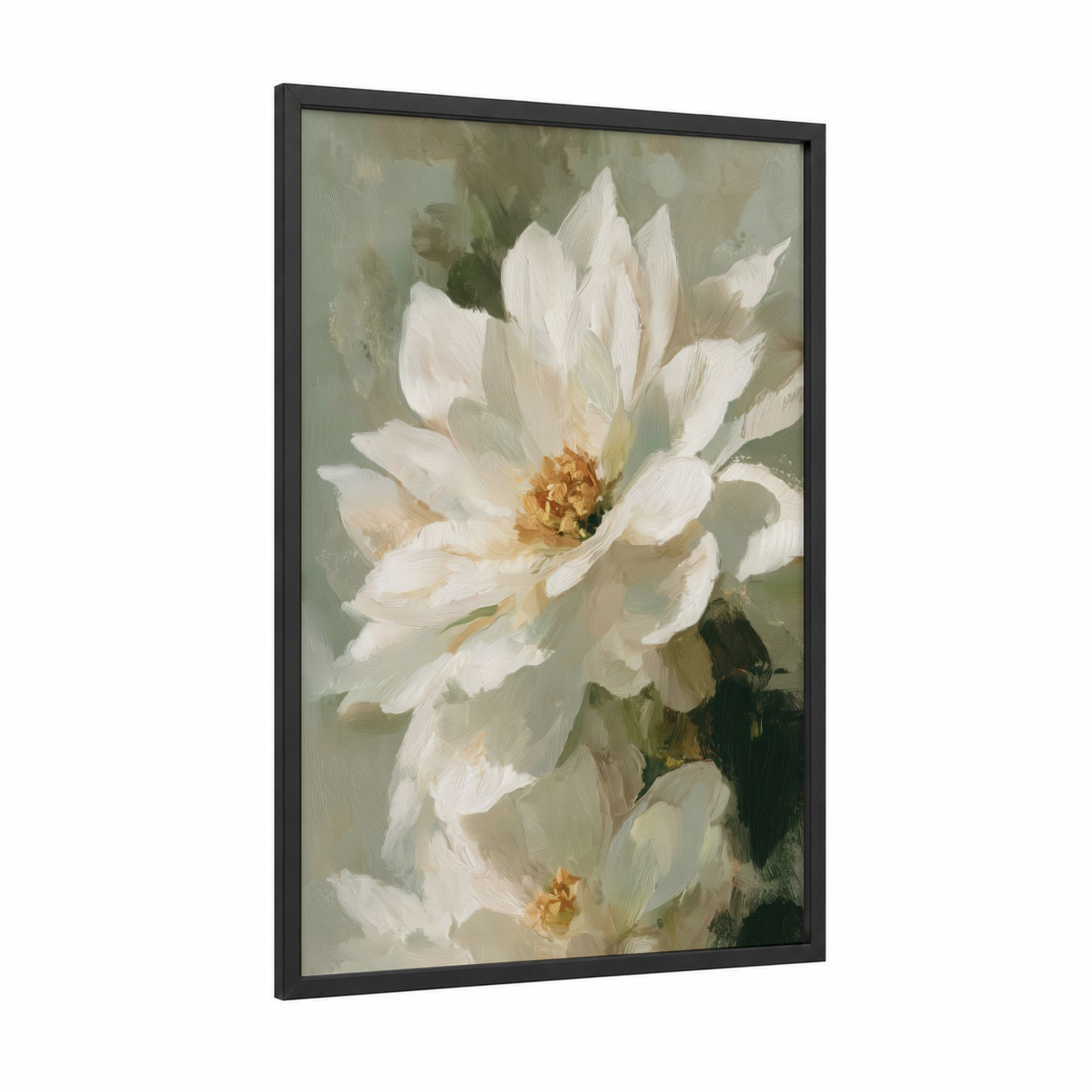 Cream Poinsettias framed art print — black wood frame — cream and sage green palette