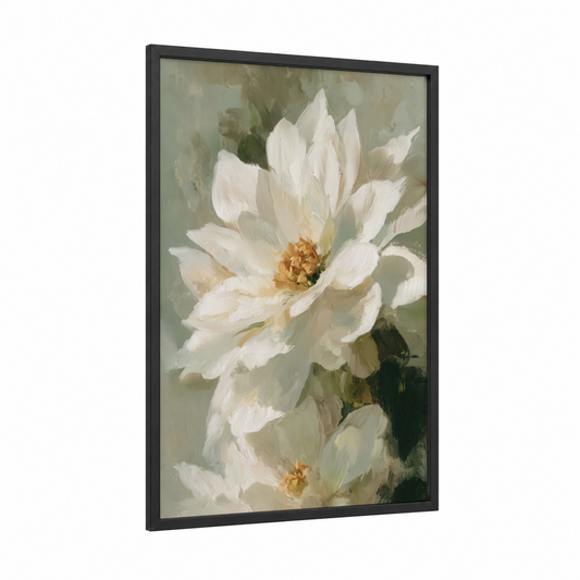Cream Poinsettias framed art print — black wood frame — cream and sage green palette