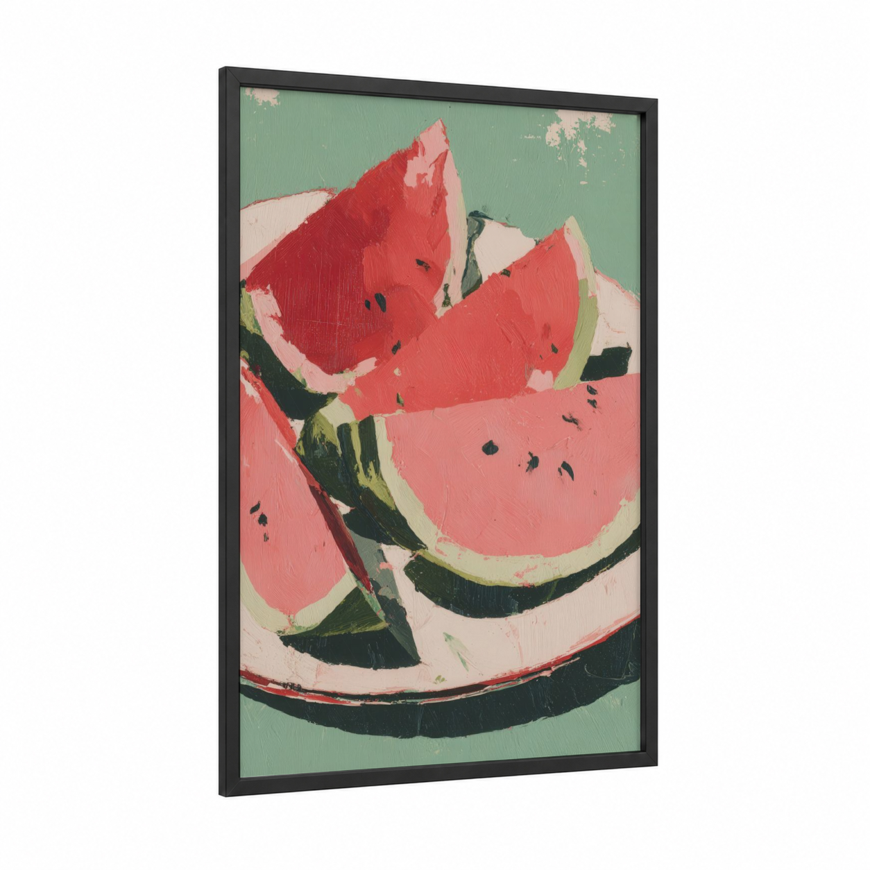 Summer Watermelon Slices framed fruit print — black wood frame — salmon pink and sage green palette