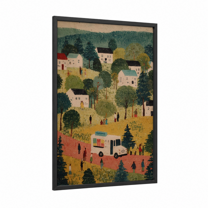 Countryside Delivery Truck framed art print — black wood frame — sage green and beige palette