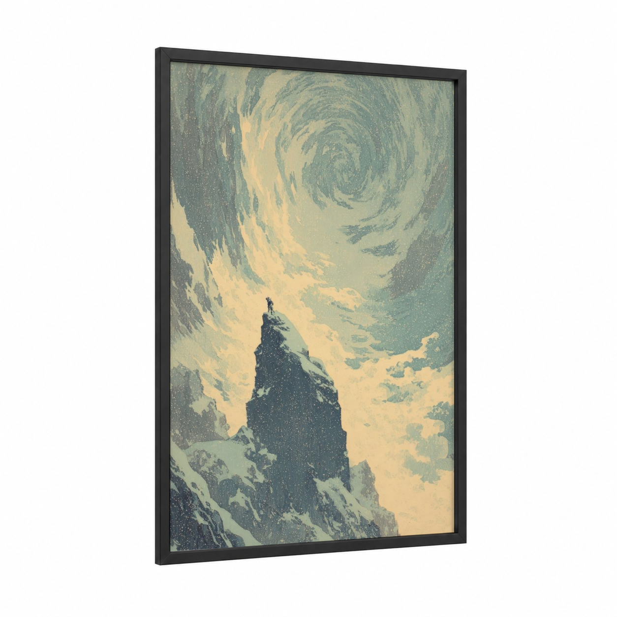 Snowy Summit framed ice climbing print — black wood frame — cream and sage green palette