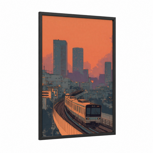 Urban Sunset Train framed subway print — black wood frame — orange and blue palette