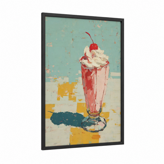 Cherry Sundae Milkshake framed art print — black wood frame — turquoise and red palette