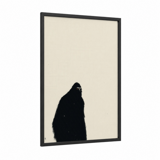 Snowy Yeti framed art print — black wood frame — black and cream palette