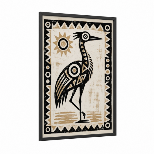 Geometric Crane Wall Art framed art print — black wood frame — black and white and beige palette