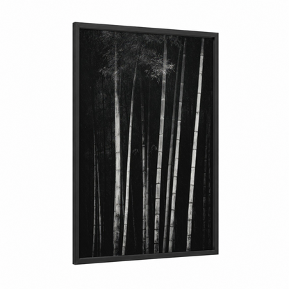 Misty Bamboo Grove framed bamboo jungle print — black wood frame — black and white palette