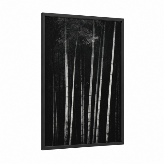 Misty Bamboo Grove framed bamboo jungle print — black wood frame — black and white palette