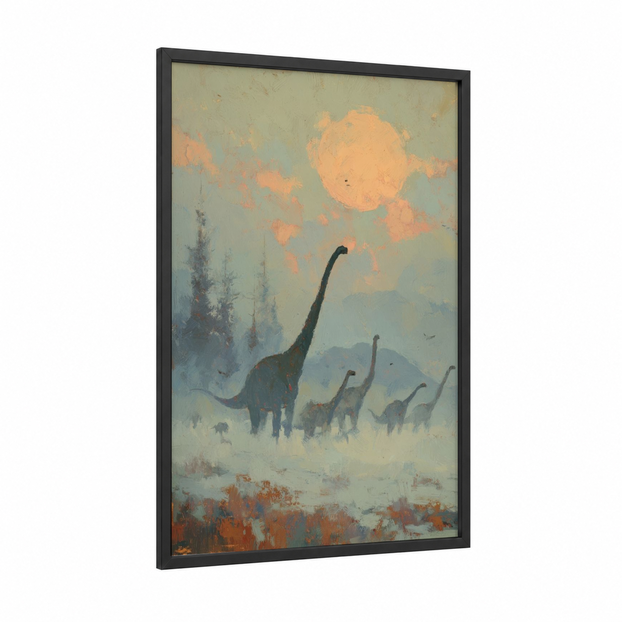 Misty Dinosaur Herd framed art print — black wood frame — peach and sage green palette