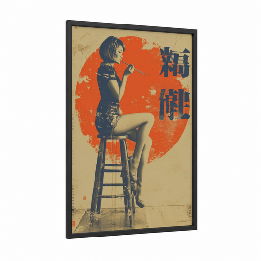 Vintage Geisha Ad framed vintage japanese ads print — black wood frame — red palette