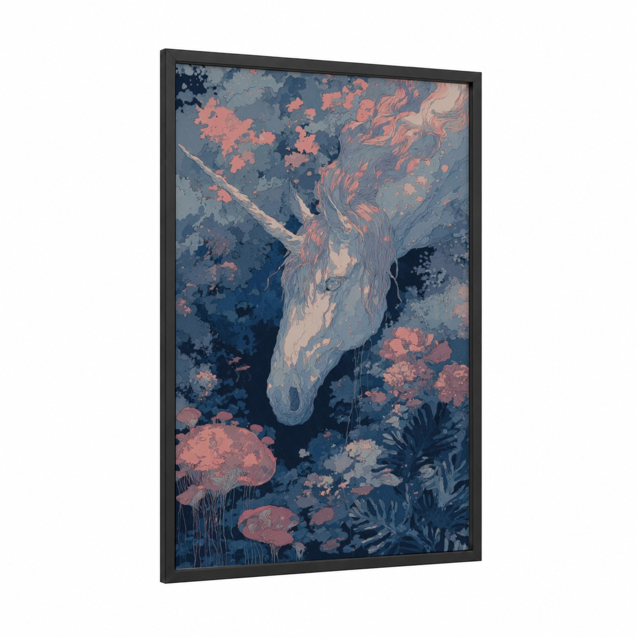 Ethereal Unicorn framed unicorns print — black wood frame — blue and salmon pink palette