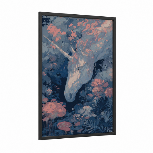 Ethereal Unicorn framed unicorns print — black wood frame — blue and salmon pink palette