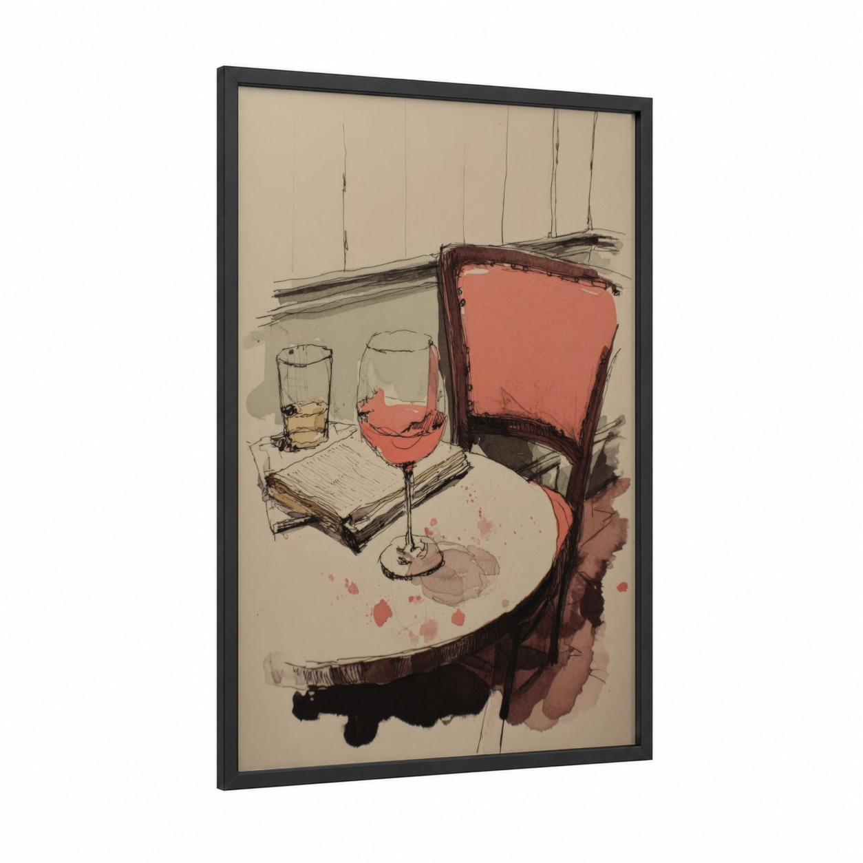 Rose Wine Sketch framed art print — black wood frame — salmon pink and beige palette