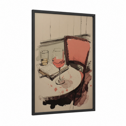 Rose Wine Sketch framed art print — black wood frame — salmon pink and beige palette