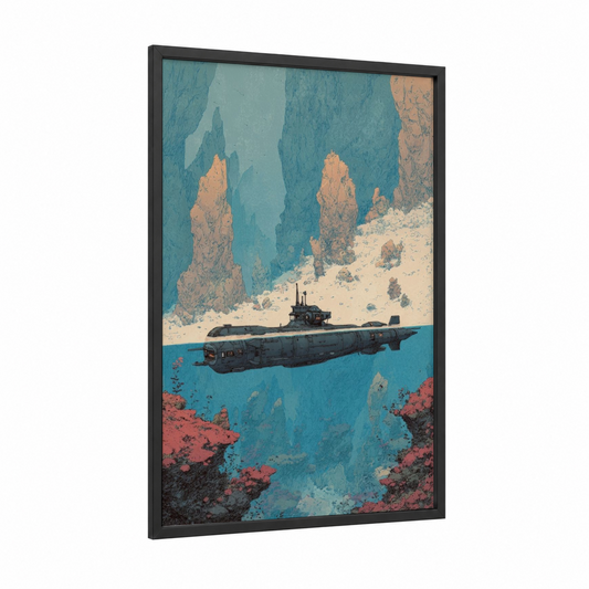 Steampunk Submarine framed art print — black wood frame — blue and peach palette