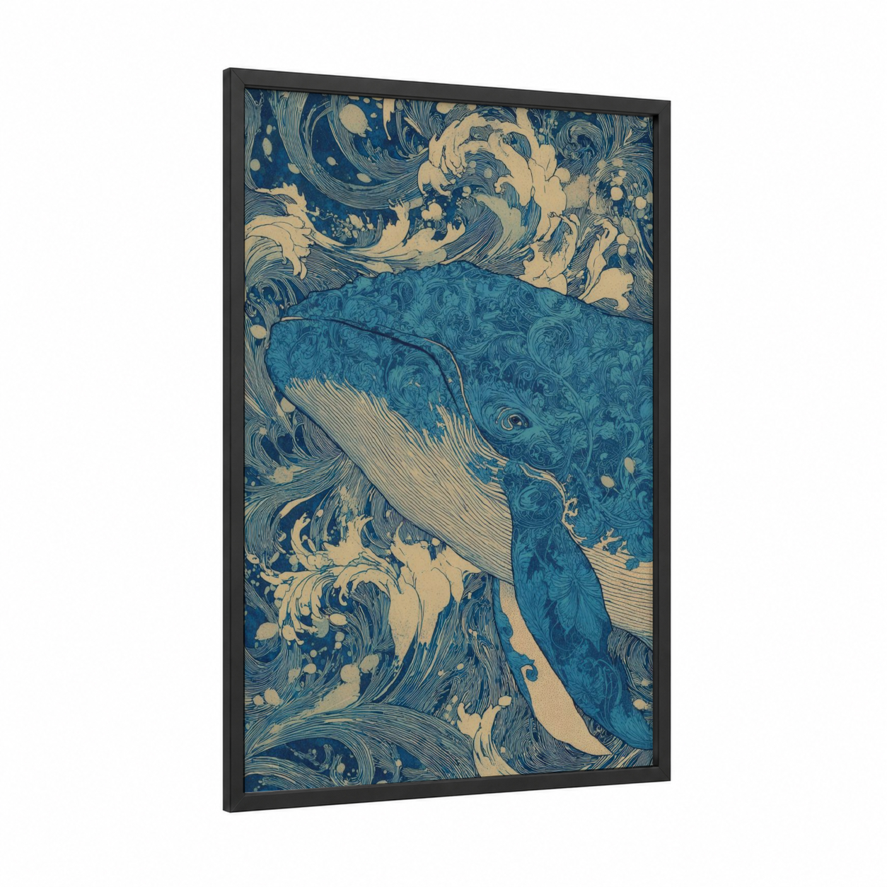 Majestic Sperm Whale framed art print — black wood frame — teal and blue and white palette