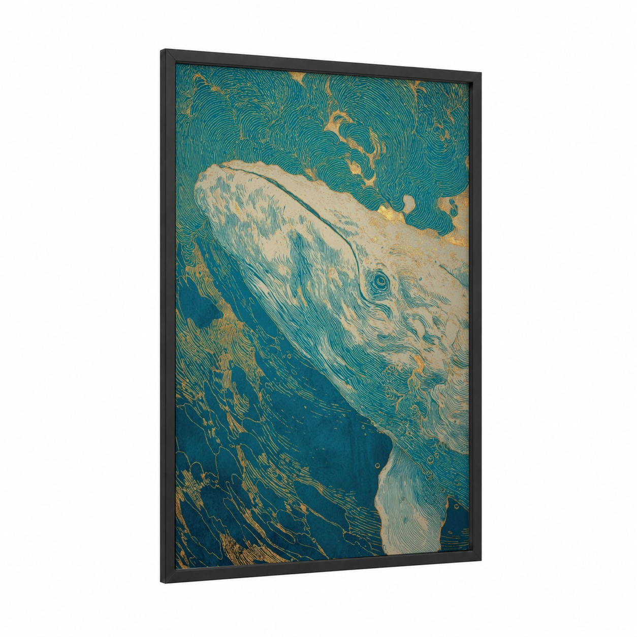 Golden Sperm Whale framed art print — black wood frame — teal and gold palette