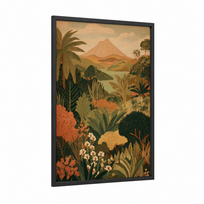 Tropical Volcano Vista framed art print — black wood frame — gold and sage green palette