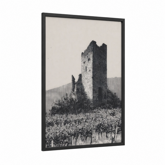 Ruined Stone Tower framed towers print — black wood frame — black and white and gray palette