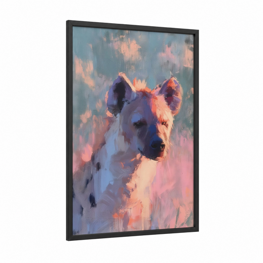 Golden Hour Hyena framed art print — black wood frame — salmon pink and blue palette