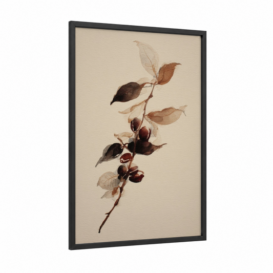 Autumn Coffee Branch framed art print — black wood frame — brown and cream palette