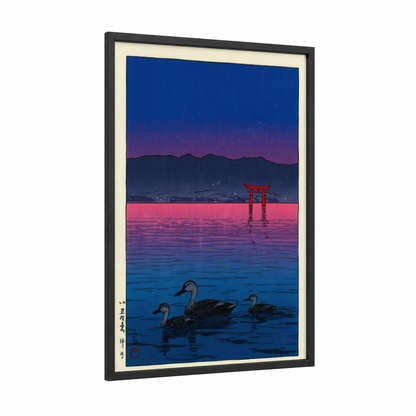 Twilight Ducks framed art print — black wood frame — royal blue and magenta palette