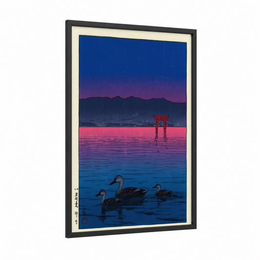 Twilight Ducks framed art print — black wood frame — royal blue and magenta palette