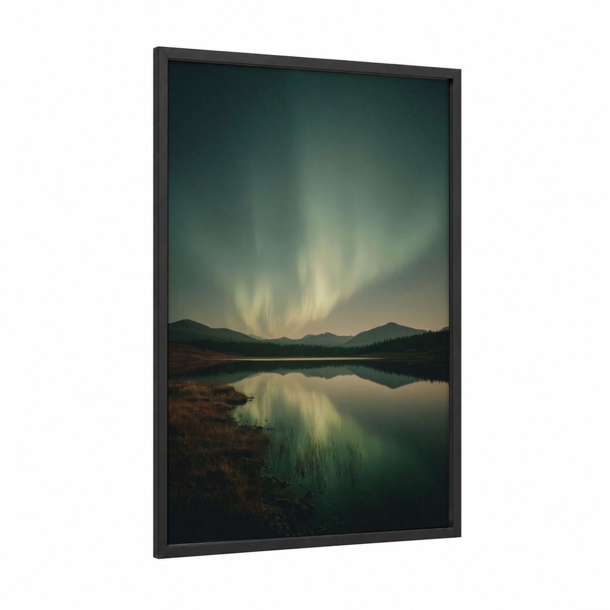 Aurora Mountain Reflection framed northern lights print — black wood frame — dark green and gray and white palette