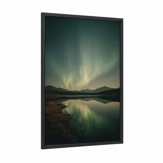 Aurora Mountain Reflection framed northern lights print — black wood frame — dark green and gray and white palette