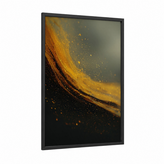 Golden Molten Flow framed glassworking print — black wood frame — gold and black palette