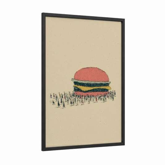 Crowd Burger framed fast food print — black wood frame — salmon pink and gold palette