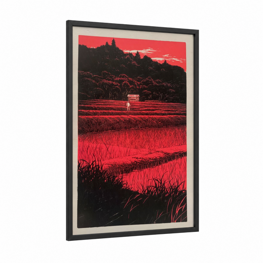 Crimson Farmland framed various landscapes print — black wood frame — red and black palette