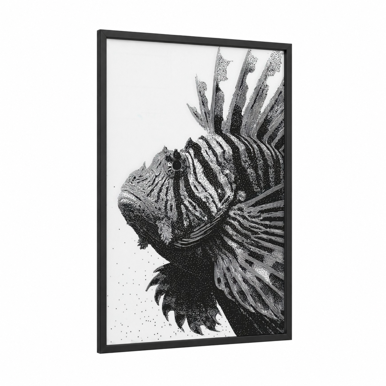 Striped Lionfish framed art print — black wood frame — black and white palette