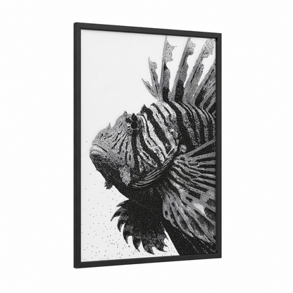 Striped Lionfish framed art print — black wood frame — black and white palette