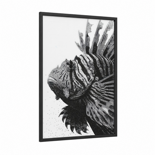 Striped Lionfish framed art print — black wood frame — black and white palette