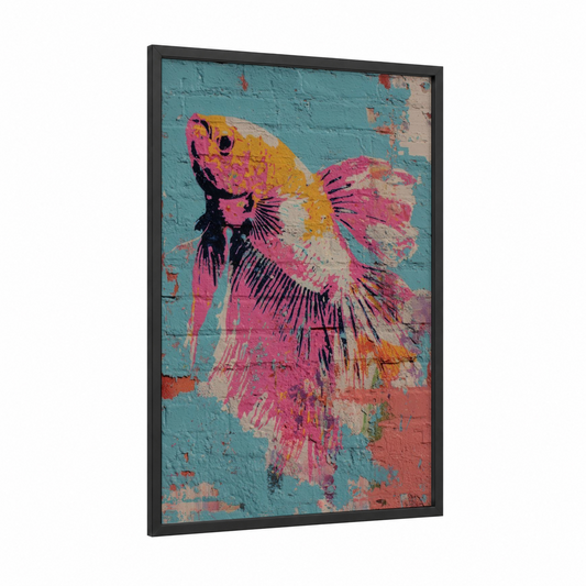 Pink Betta Fish framed art print — black wood frame — magenta and aquamarine palette