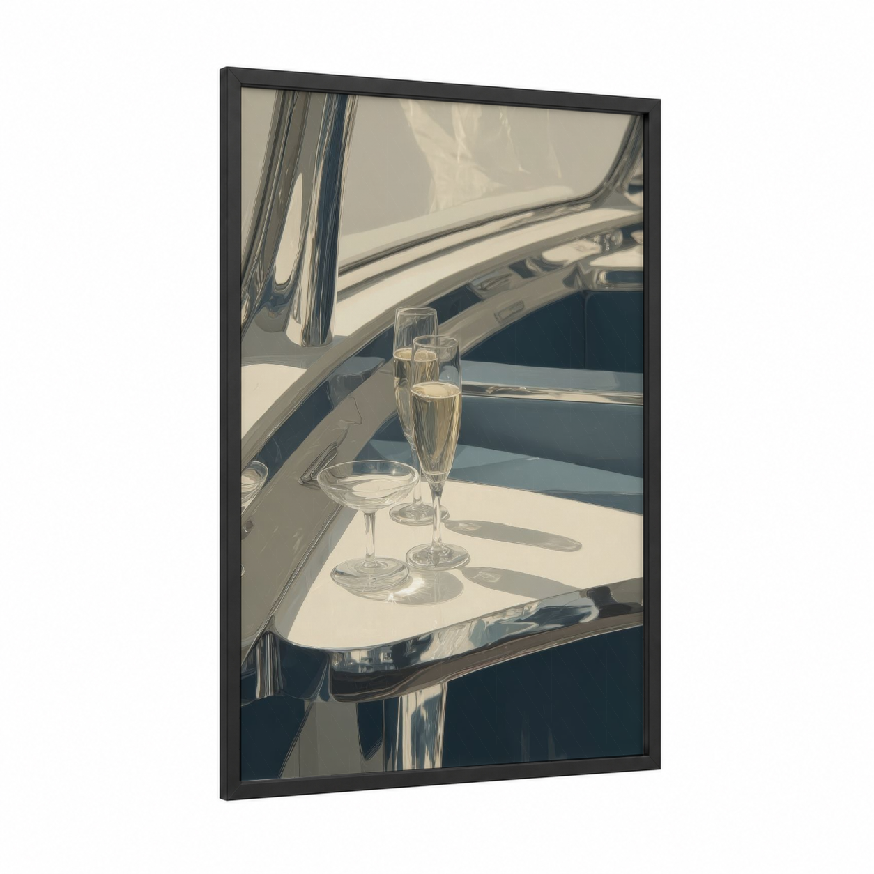 Luxury Yacht Champagne framed art print — black wood frame — cream and dove gray palette