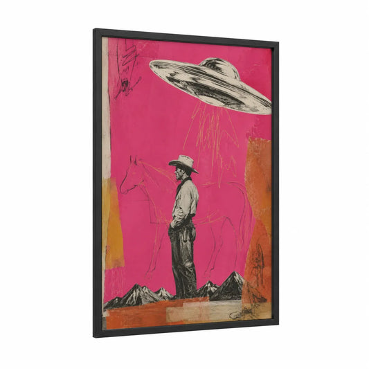 Cowboy UFO Encounter Wall Art framed art print — black wood frame — pink and black and white palette