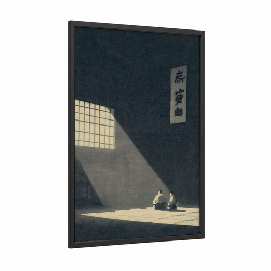 Dojo Meditation framed jiu jutsu print — black wood frame — dark blue and cream palette