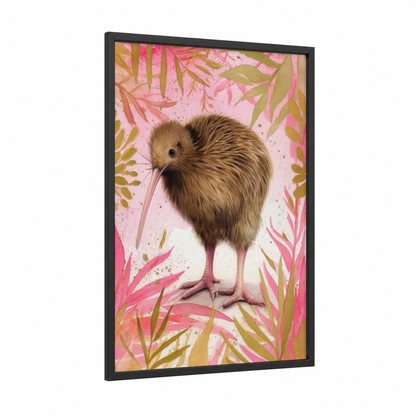 Fluffy Kiwi framed art print — black wood frame — pink and gold palette