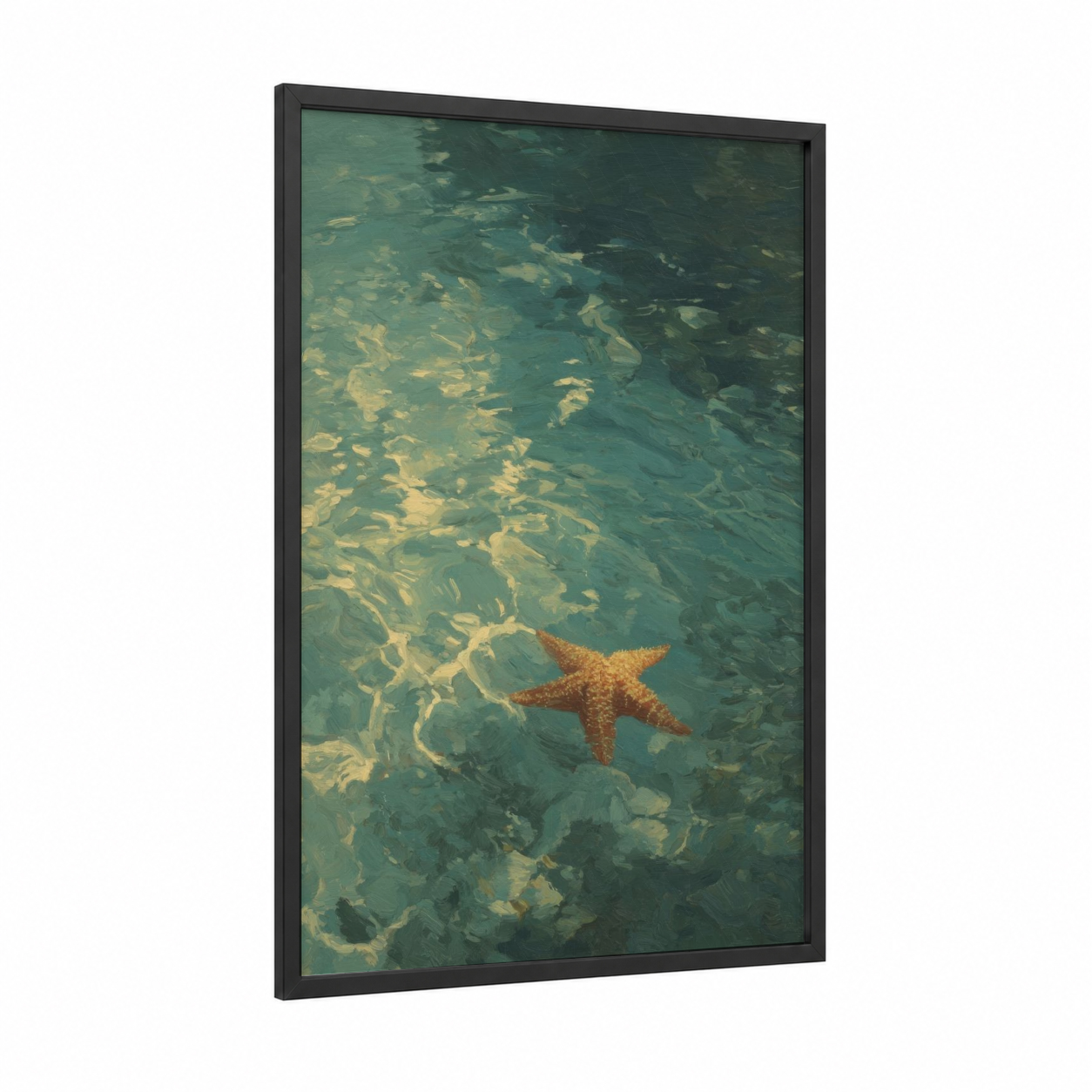 Shallow Water Starfish framed art print — black wood frame — teal and gold palette