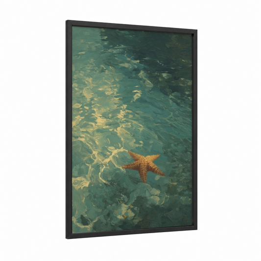 Shallow Water Starfish framed art print — black wood frame — teal and gold palette