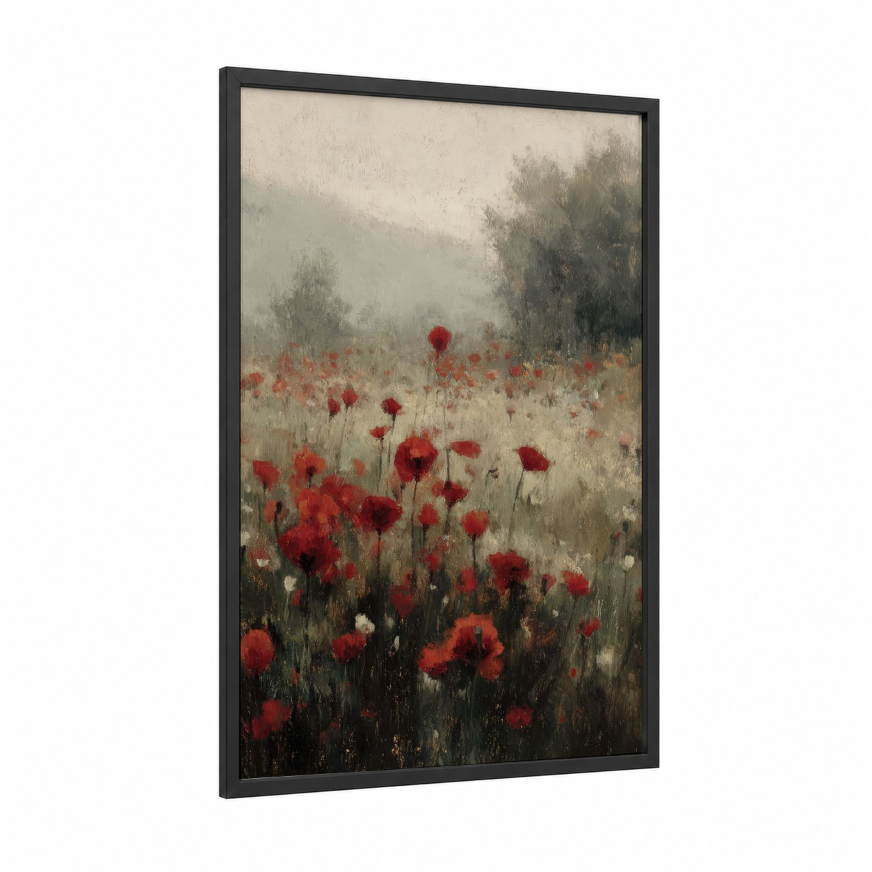 Misty Poppy Field framed poppies print — black wood frame — red and gray palette