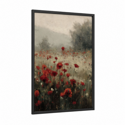 Misty Poppy Field framed poppies print — black wood frame — red and gray palette