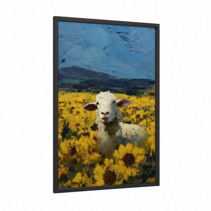 Sunflower Sheep framed art print — black wood frame — blue and yellow palette